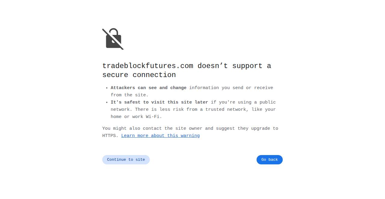 tradeblockfutures.com homepage as a first-time visitor sees it