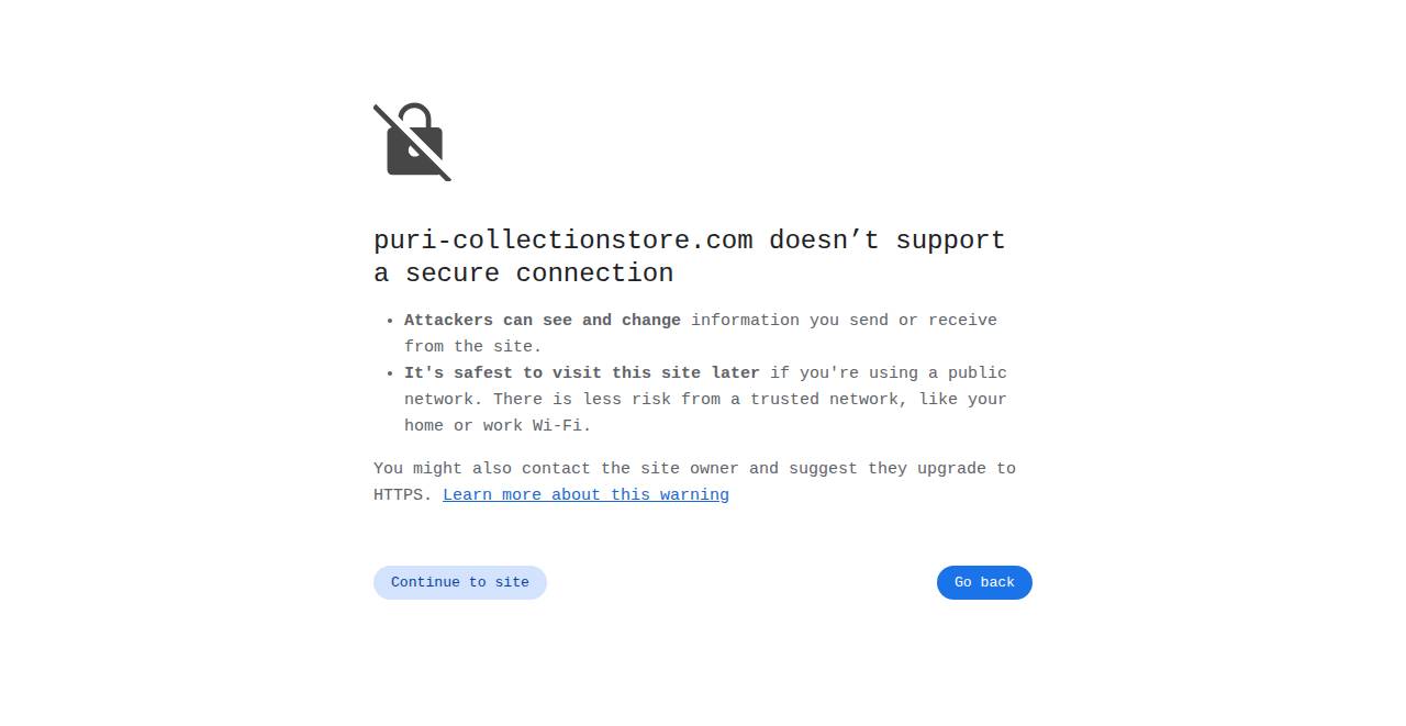 puri-collectionstore.com homepage as a first-time visitor sees it