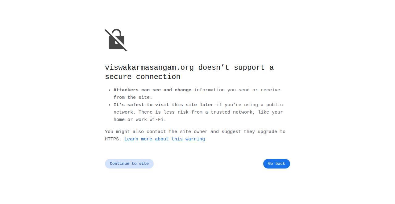 viswakarmasangam.org homepage as a first-time visitor sees it