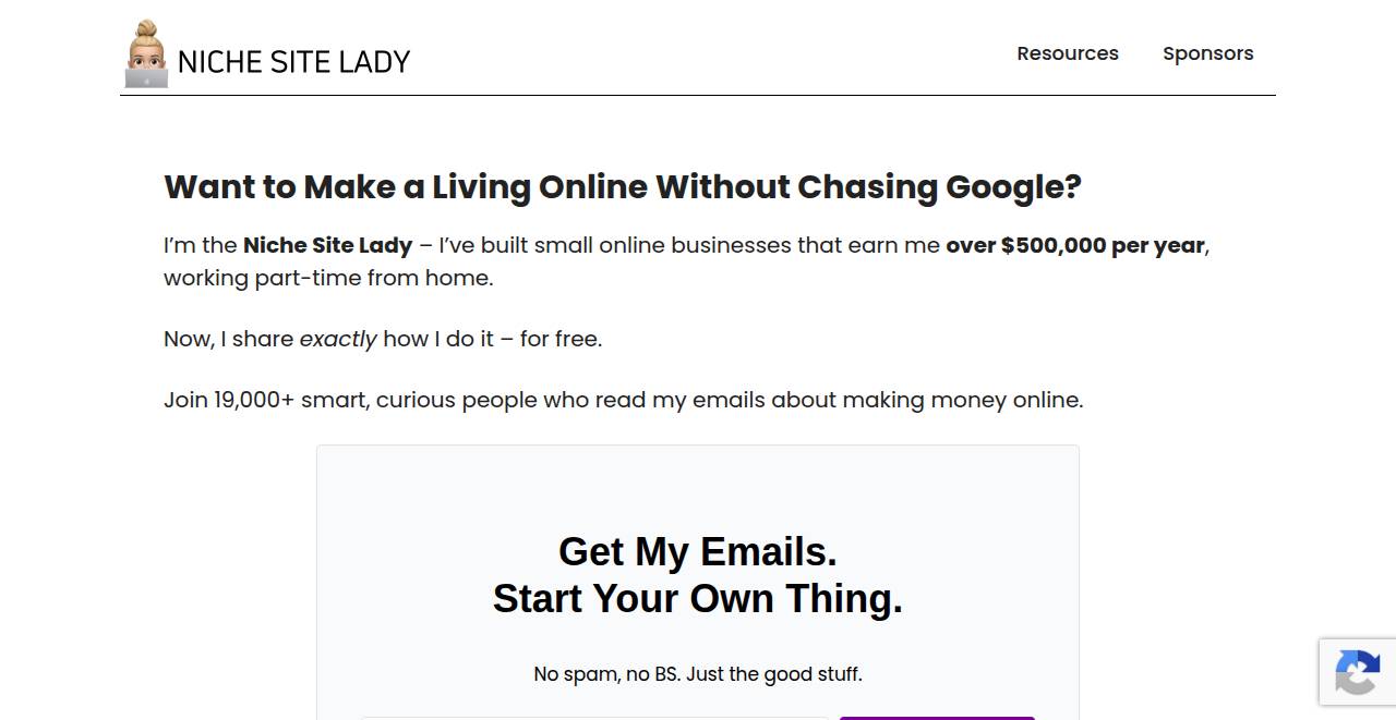 nichesitelady.com homepage as a first-time visitor sees it