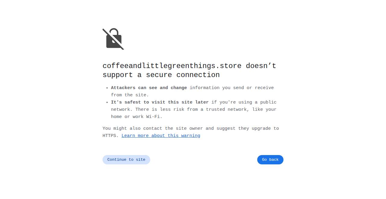 coffeeandlittlegreenthings.store homepage as a first-time visitor sees it