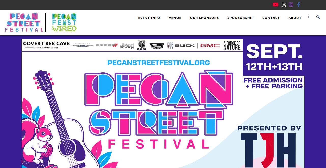 pecanstreetfestival.net homepage as a first-time visitor sees it